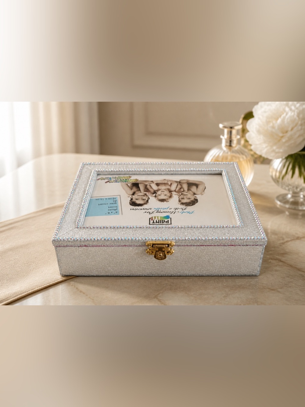 Sparkling Silver Rhinestone Photo Jewelry Box